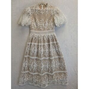 Ivy City Sicily Dress Flutter Sleeves Lace Overlay Beige Tan Women's Small